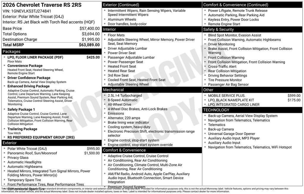 New 2026 Chevrolet Traverse RS w/ LPO, Floor Liner Package image 4