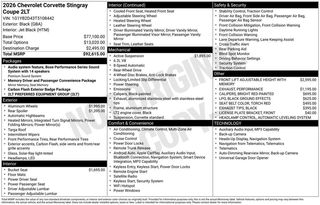 Used 2026 Chevrolet Corvette Stingray Preferred Cpe w/ 2LT RWD image 6