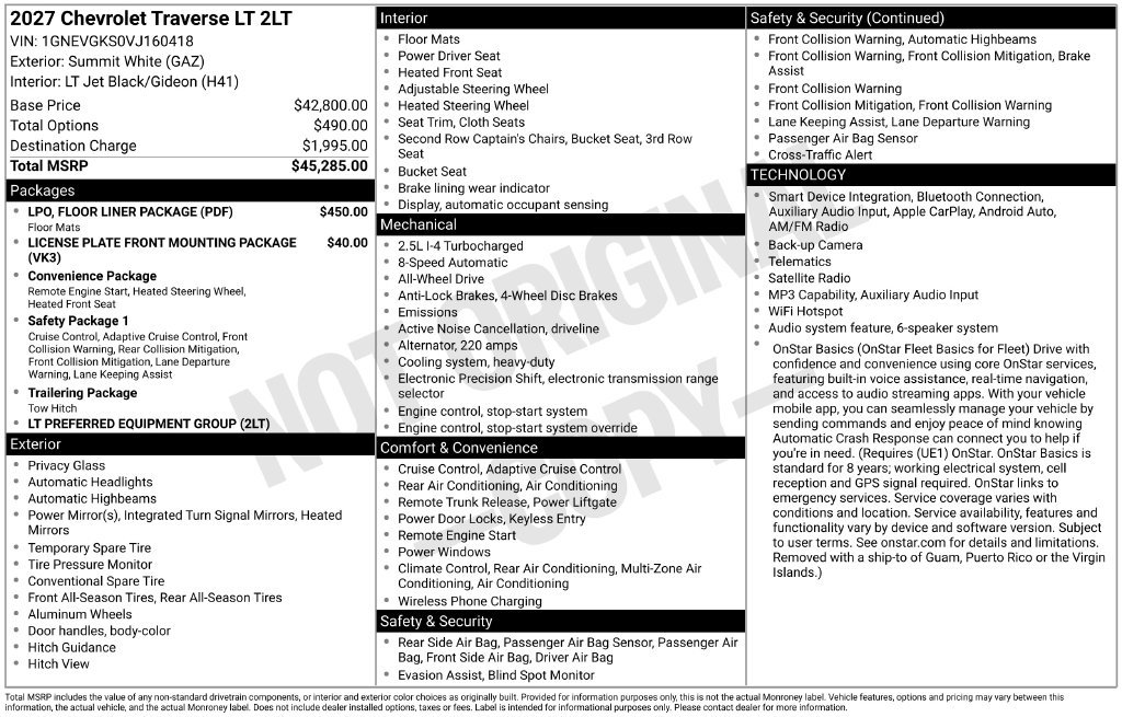 New 2027 Chevrolet Traverse LT w/ LPO, Floor Liner Package AWD/4WD image 6