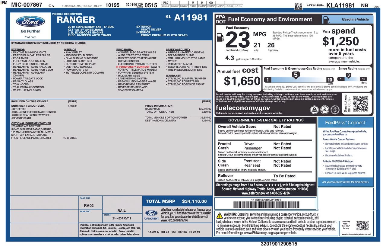 Certified 2019 Ford Ranger XLT w/ Equipment Group 302A Luxury RWD image 54
