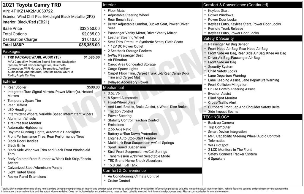 Used 2021 Toyota Camry TRD w/ TRD Package w/JBL Audio FWD image 10