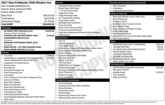 Used 2021 RAM ProMaster 3500 w/ RV Ready Prep Package FWD image 7