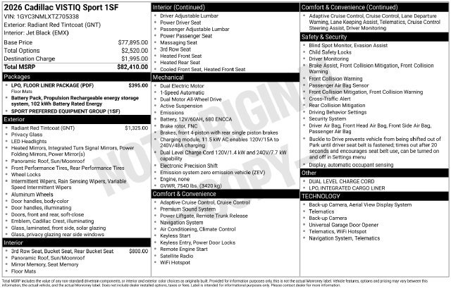 New 2026 Cadillac Vistiq Sport w/ LPO, Floor Liner Package AWD/4WD image 11