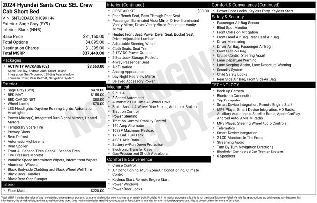Certified 2024 Hyundai Santa Cruz SEL w/ Activity Package AWD/4WD image 3