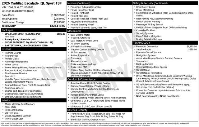 New 2026 Cadillac Escalade IQL Sport 1 w/ LPO, Floor Liner Package AWD/4WD image 4