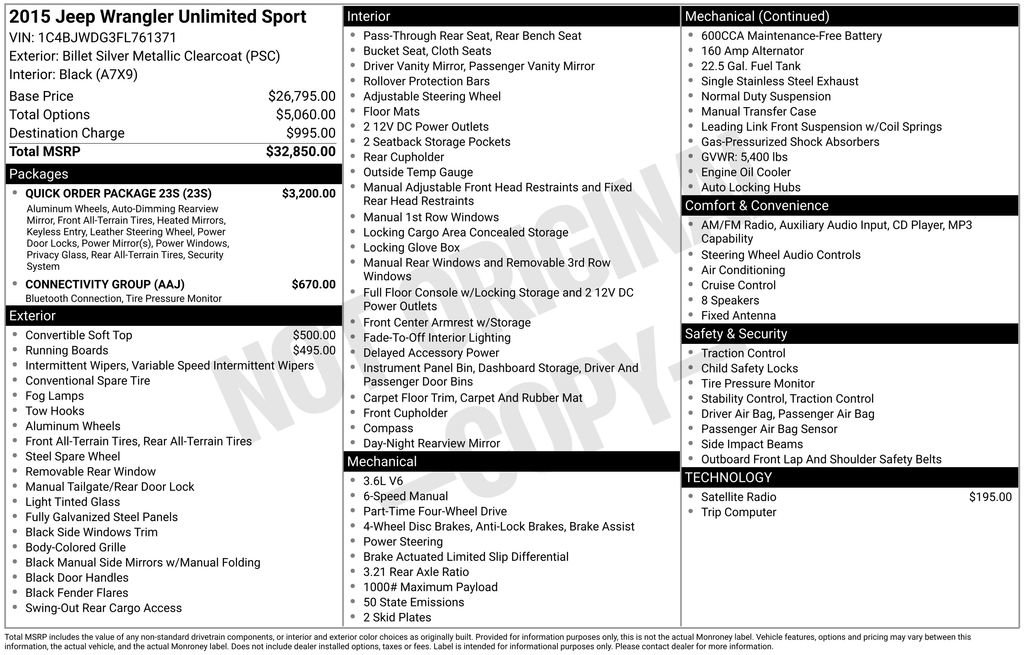 Used 2015 Jeep Wrangler Unlimited Sport w/ Quick Order Package 23S AWD/4WD image 43
