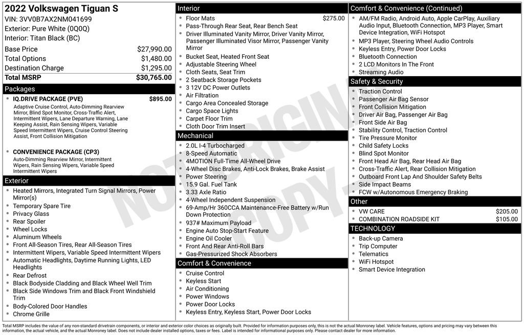 Used 2022 Volkswagen Tiguan S w/ IQ.Drive Package image 10