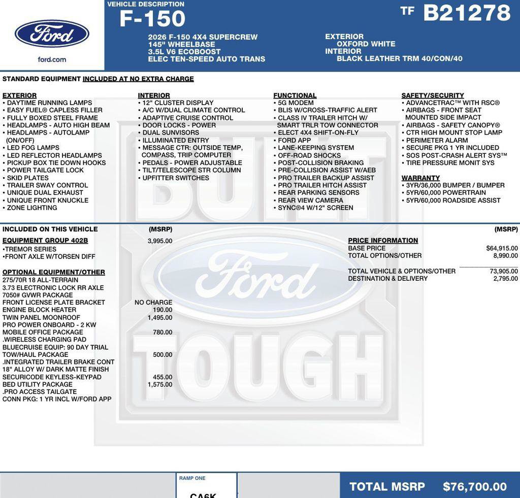 New 2026 Ford F150 Tremor w/ Equipment Group 402B AWD/4WD image 2
