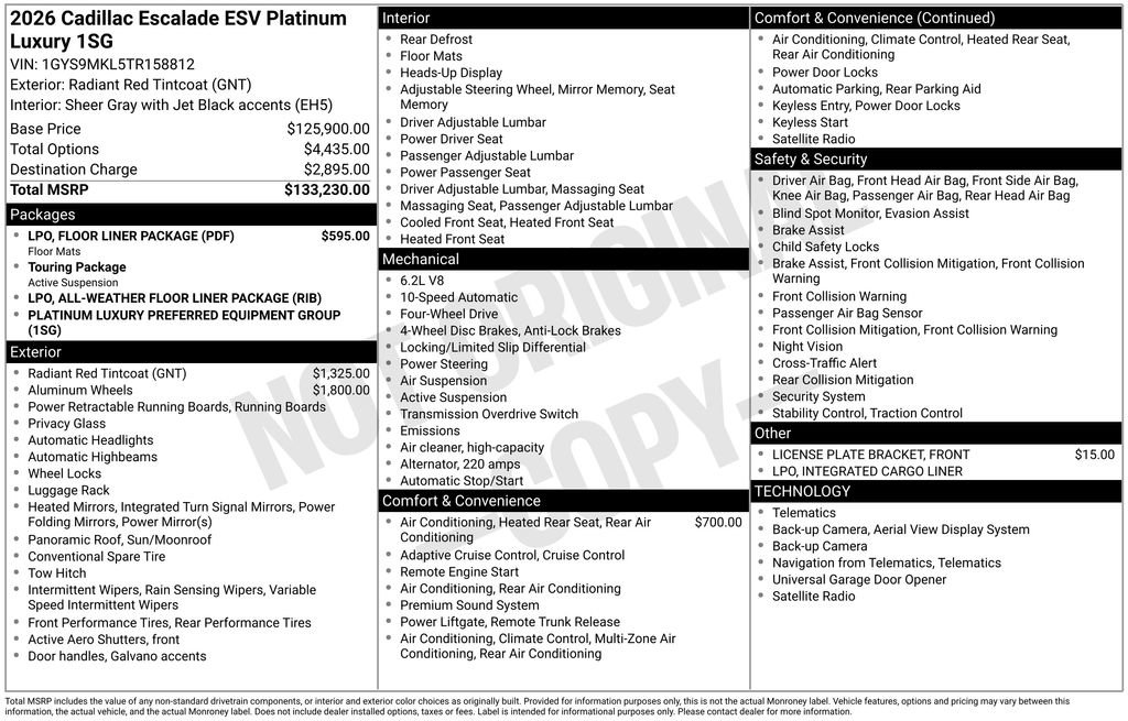 New 2026 Cadillac Escalade ESV Platinum Luxury w/ LPO, Floor Liner Package AWD/4WD image 47