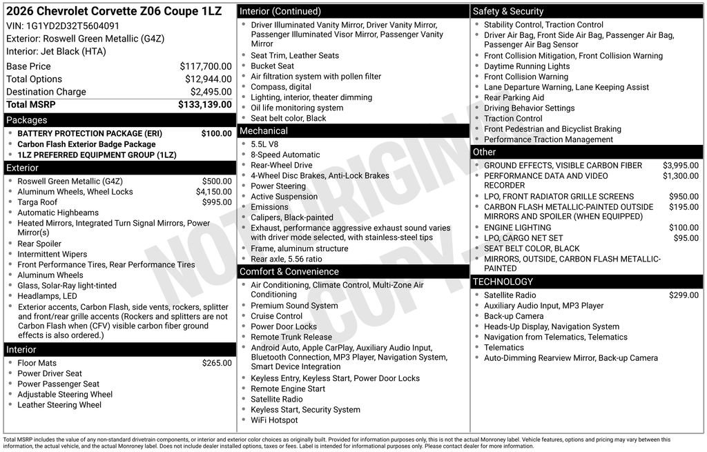 New 2026 Chevrolet Corvette Z06 w/ Battery Protection Package RWD image 4