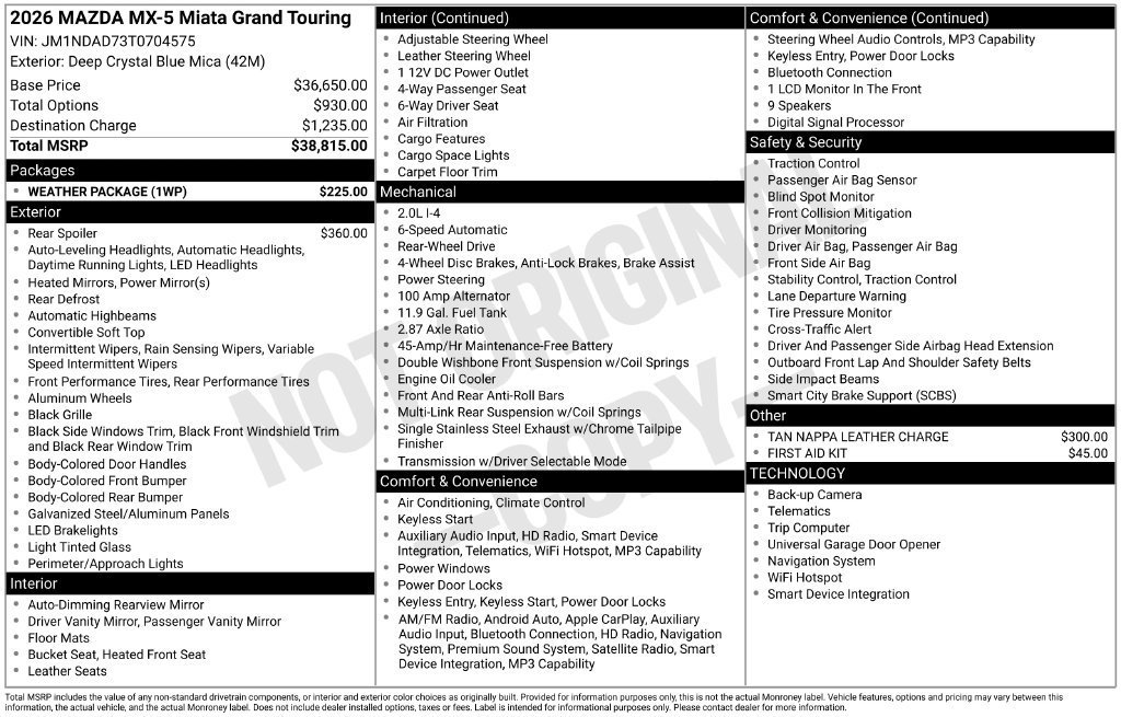 New 2026 MAZDA MX-5 Miata Grand Touring w/ Weather Package RWD image 10
