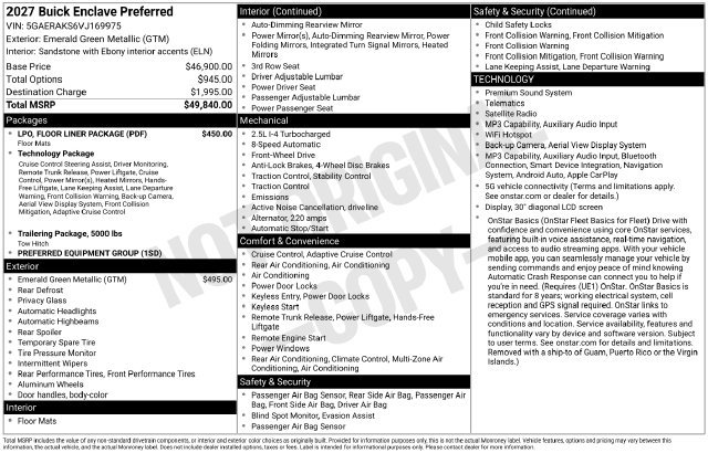 New 2027 Buick Enclave Preferred w/ LPO, Floor Liner Package FWD image 3