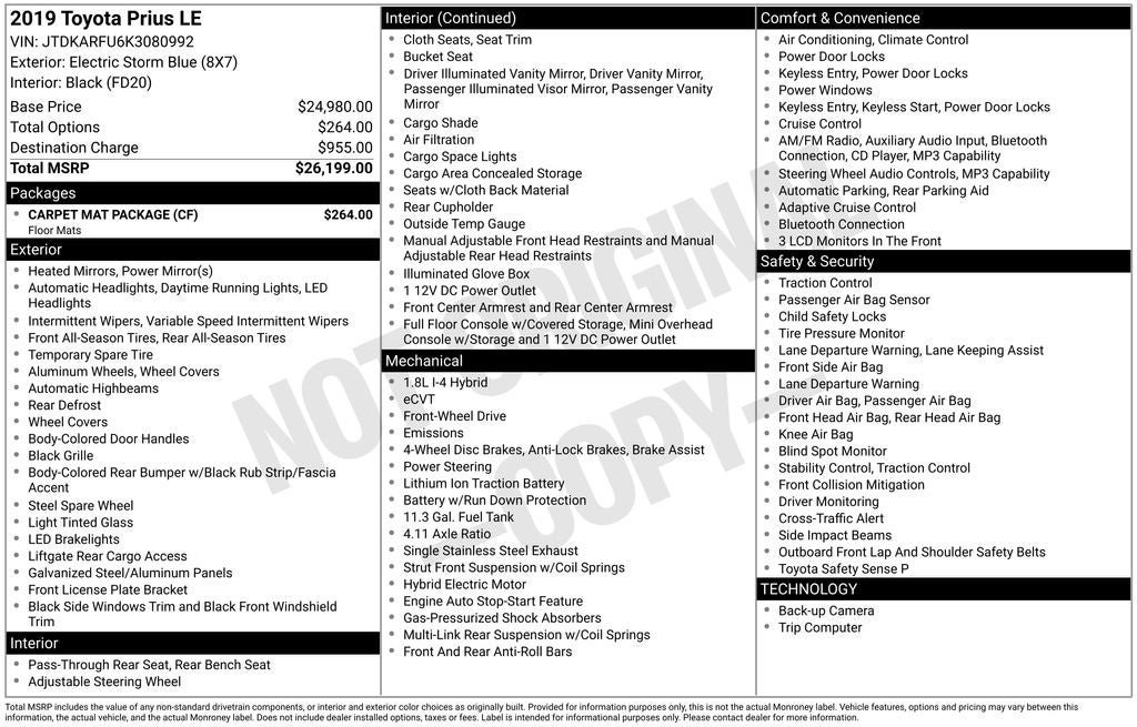 Used 2019 Toyota Prius LE w/ Carpet Mat Package FWD image 8