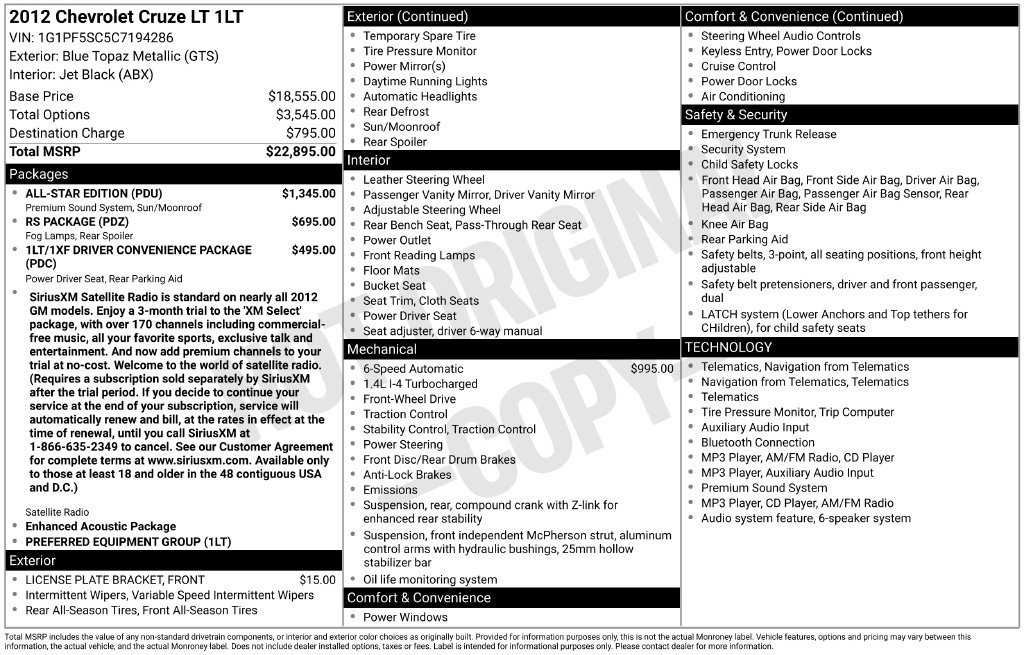 Used 2012 Chevrolet Cruze LT w/ All-Star Edition FWD image 35
