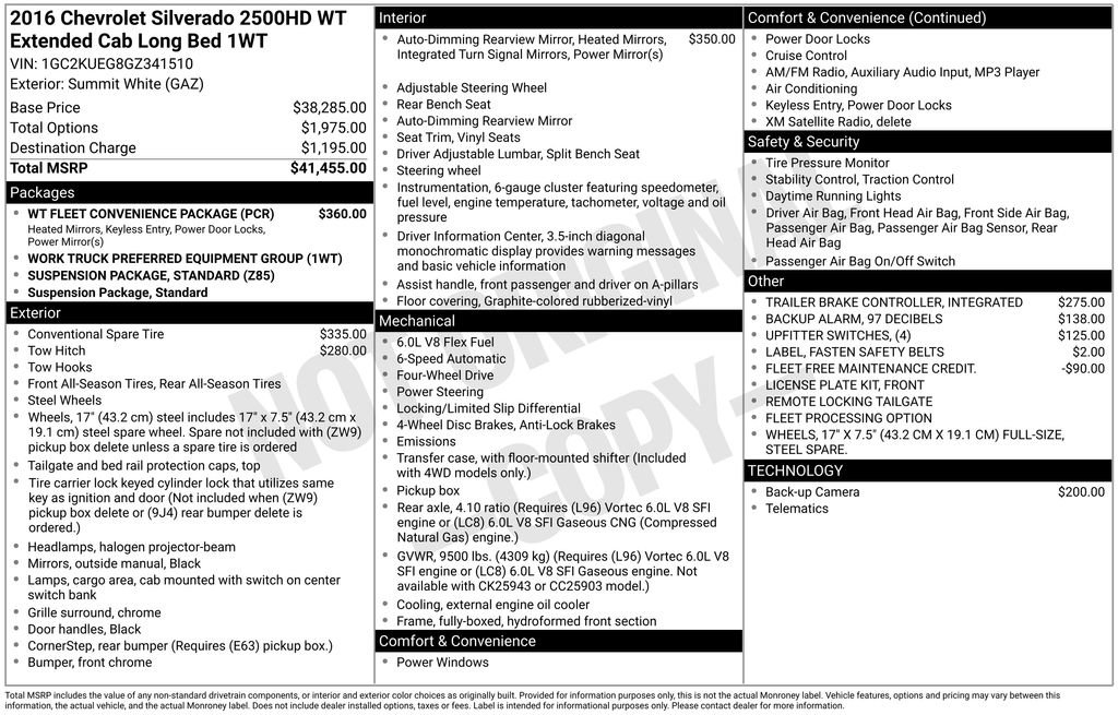 Used 2016 Chevrolet Silverado 2500 W/T w/ WT Fleet Convenience Package image 38