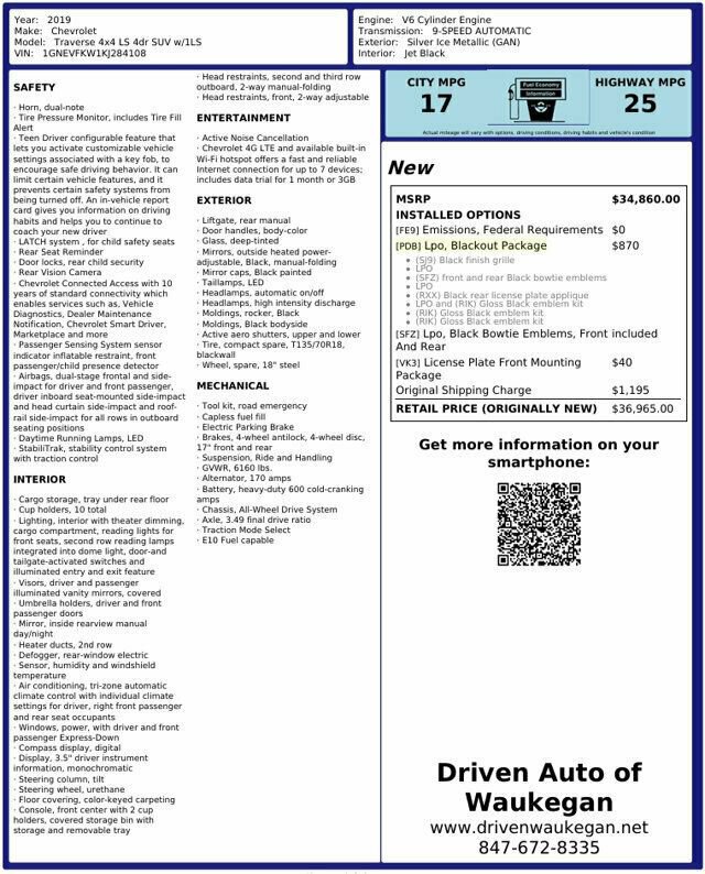 Used 2019 Chevrolet Traverse LS w/ LPO, Blackout Package AWD/4WD image 35