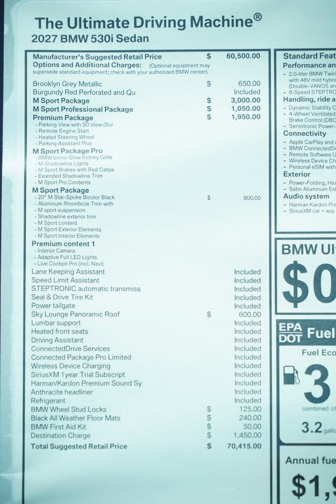 New 2027 BMW 530i w/ M Sport Package RWD image 8