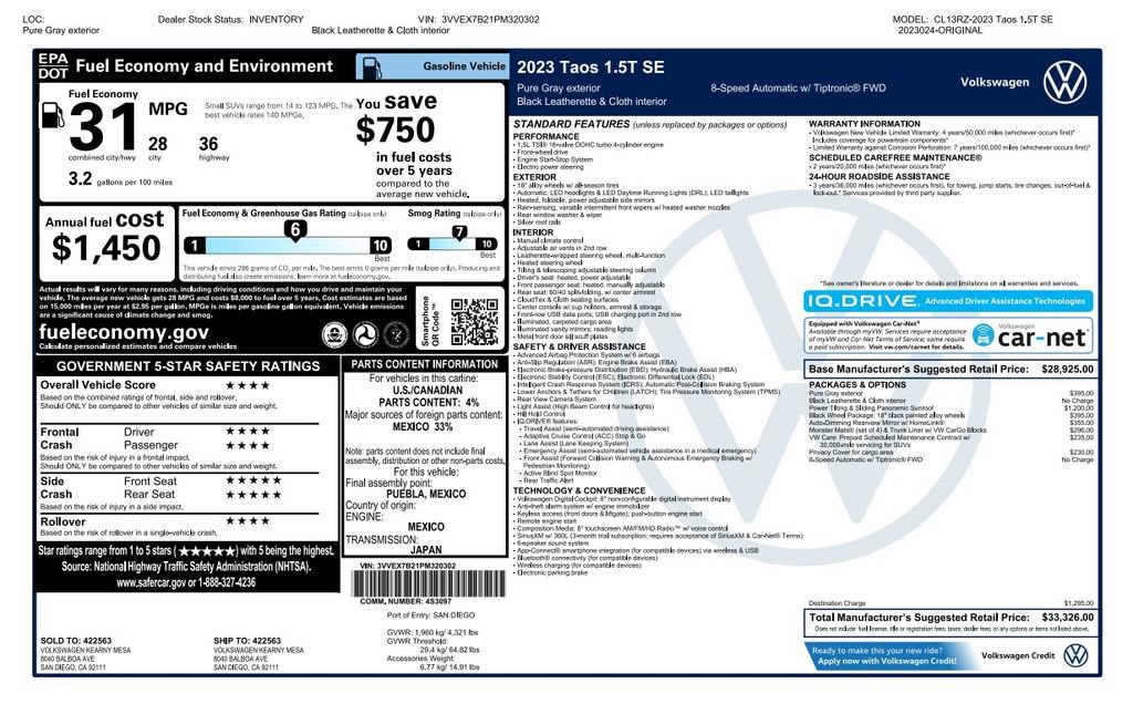 Used 2023 Volkswagen Taos SE w/ Panoramic Sunroof Package FWD image 4