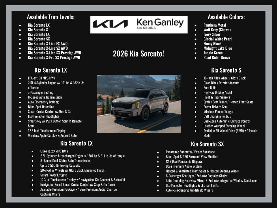 New 2026 Kia Sorento S w/ S Panoramic Sunroof Package FWD image 28