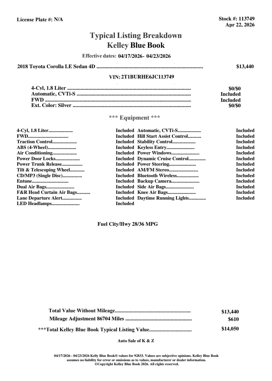 Used 2018 Toyota Corolla LE FWD image 8