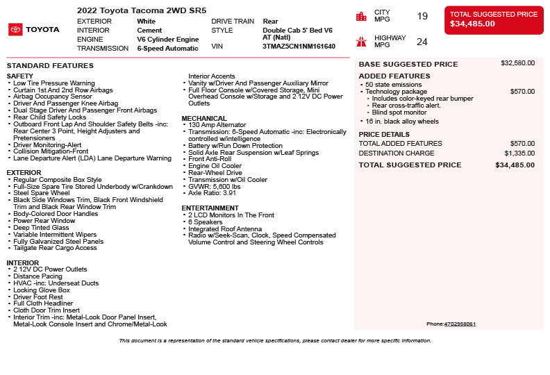 Used 2022 Toyota Tacoma SR5 w/ Technology Package RWD image 3