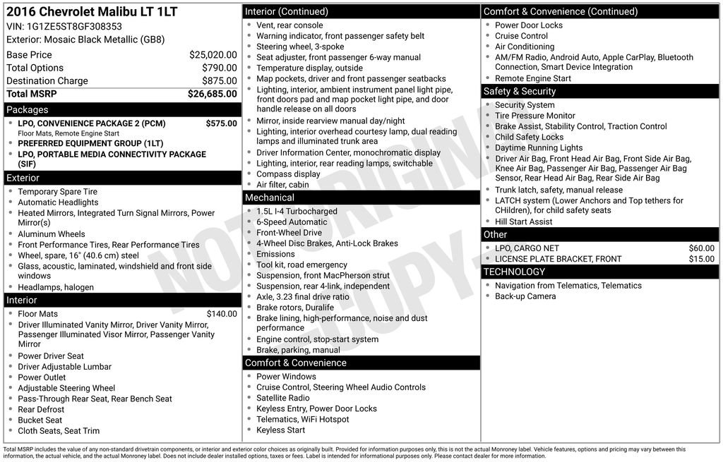 Used 2016 Chevrolet Malibu LT w/ LPO, Convenience Package 2 image 2