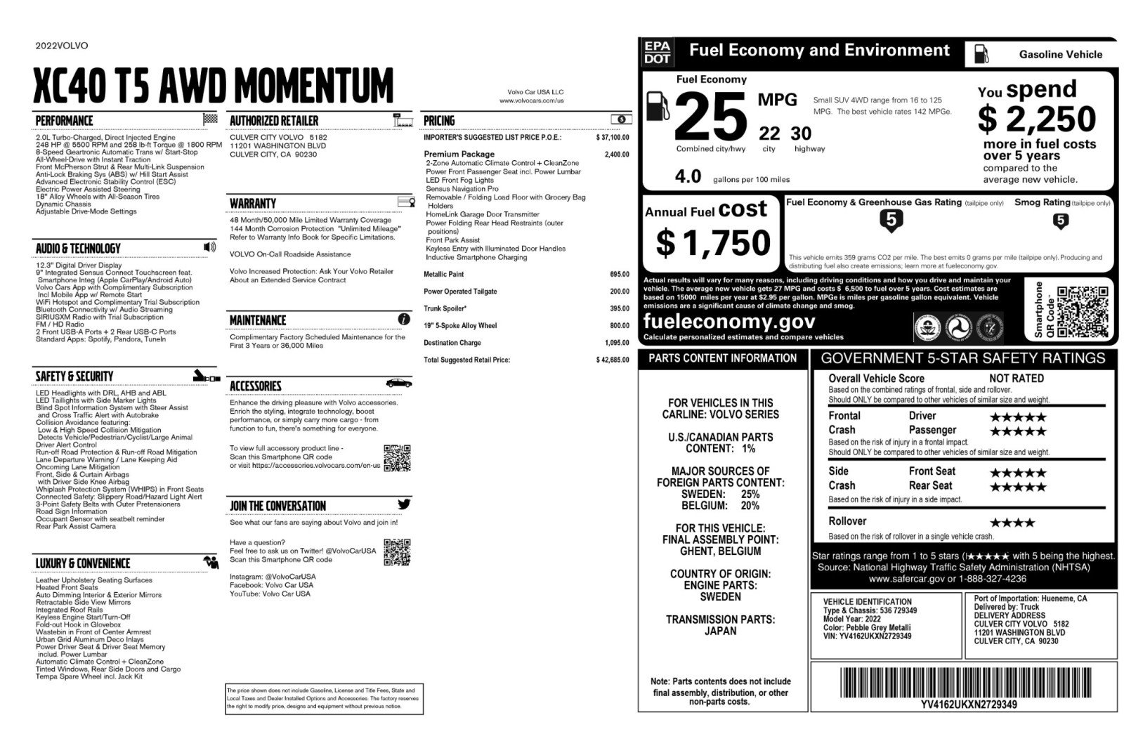 Used 2022 Volvo XC40 T5 Momentum w/ Premium Package image 53
