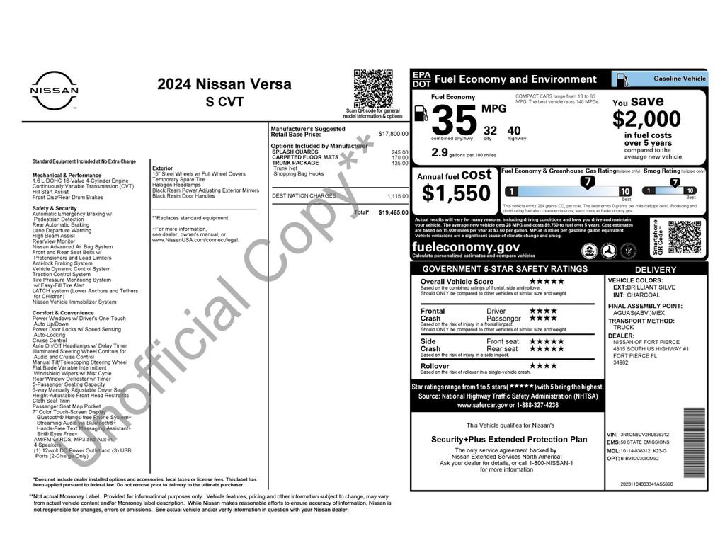Certified 2024 Nissan Versa S w/ Trunk Package image 7