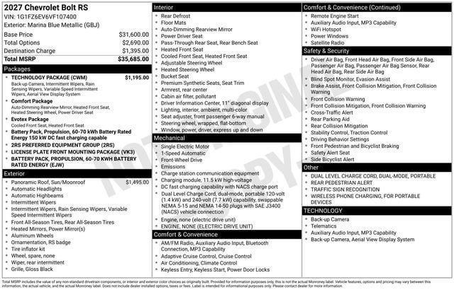 New 2027 Chevrolet Bolt RS w/ Technology Package FWD image 4