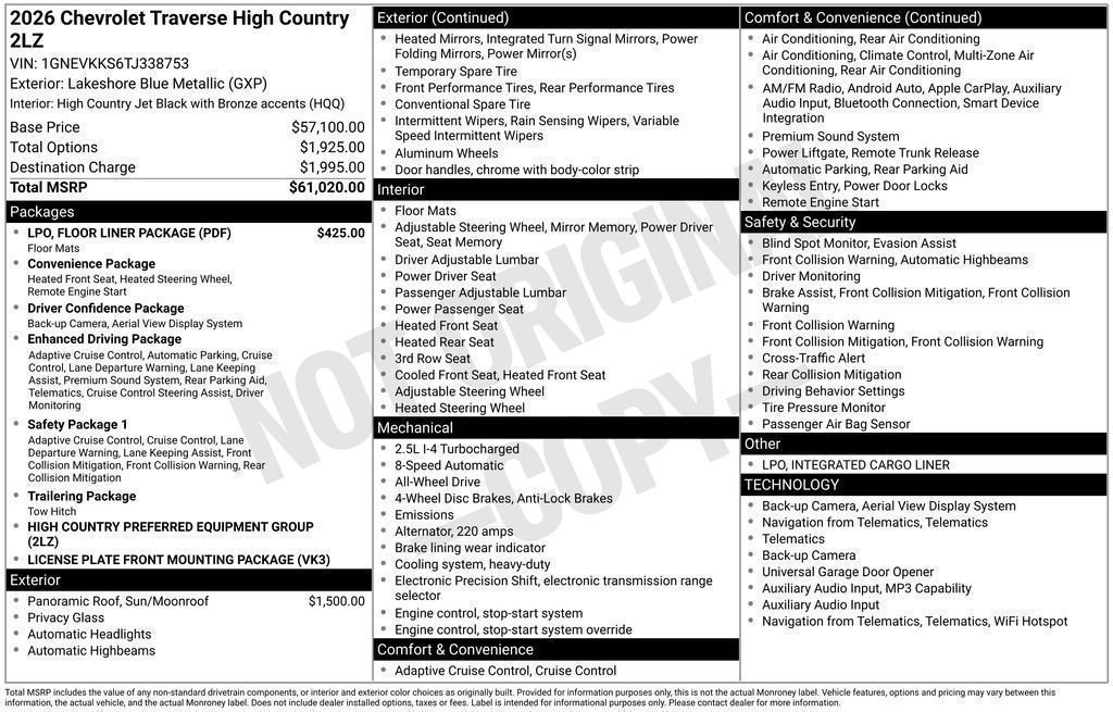 New 2026 Chevrolet Traverse High Country w/ LPO, Floor Liner Package AWD/4WD image 93