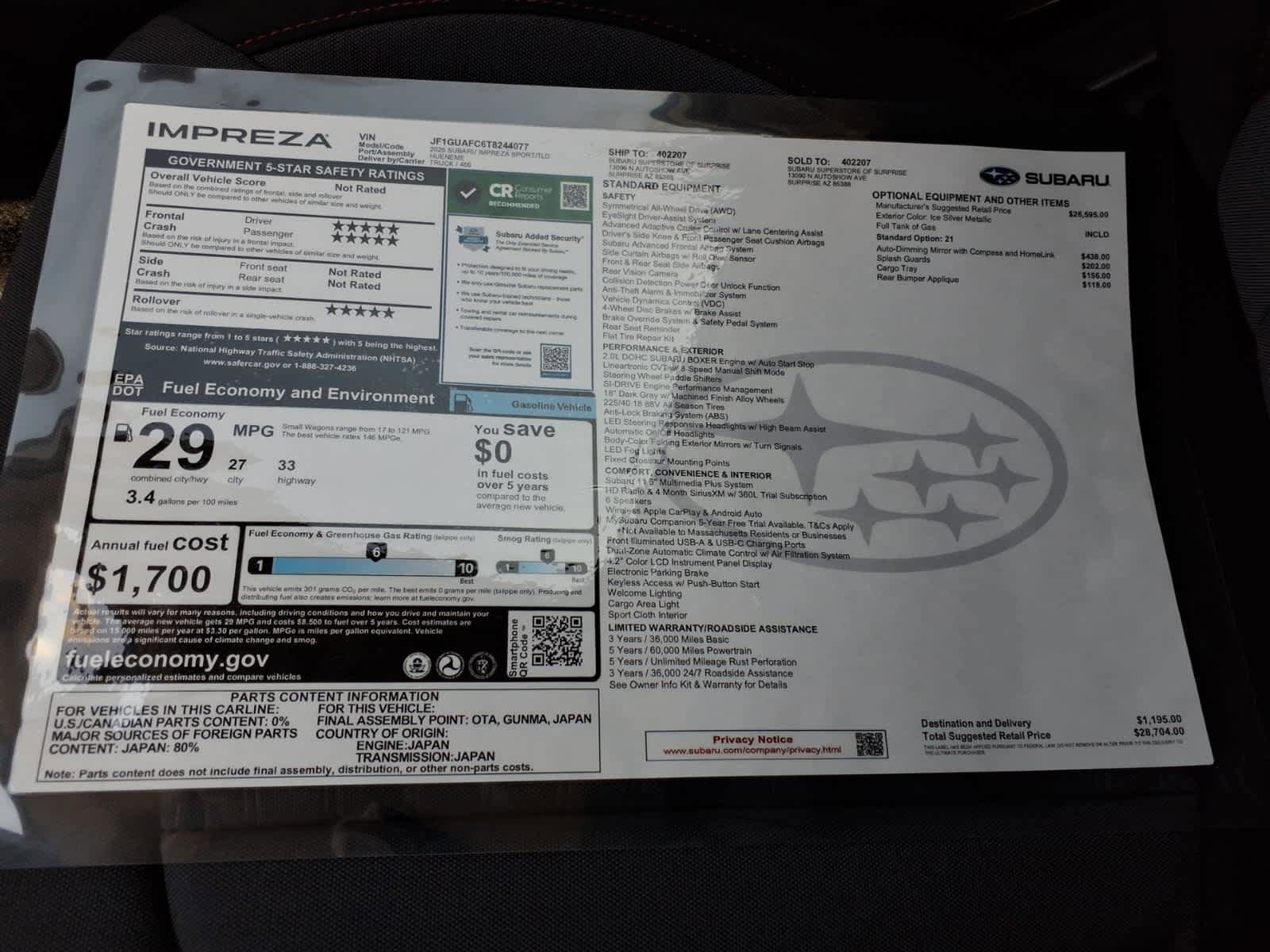 New 2026 Subaru Impreza 2.0i Sport AWD/4WD image 40