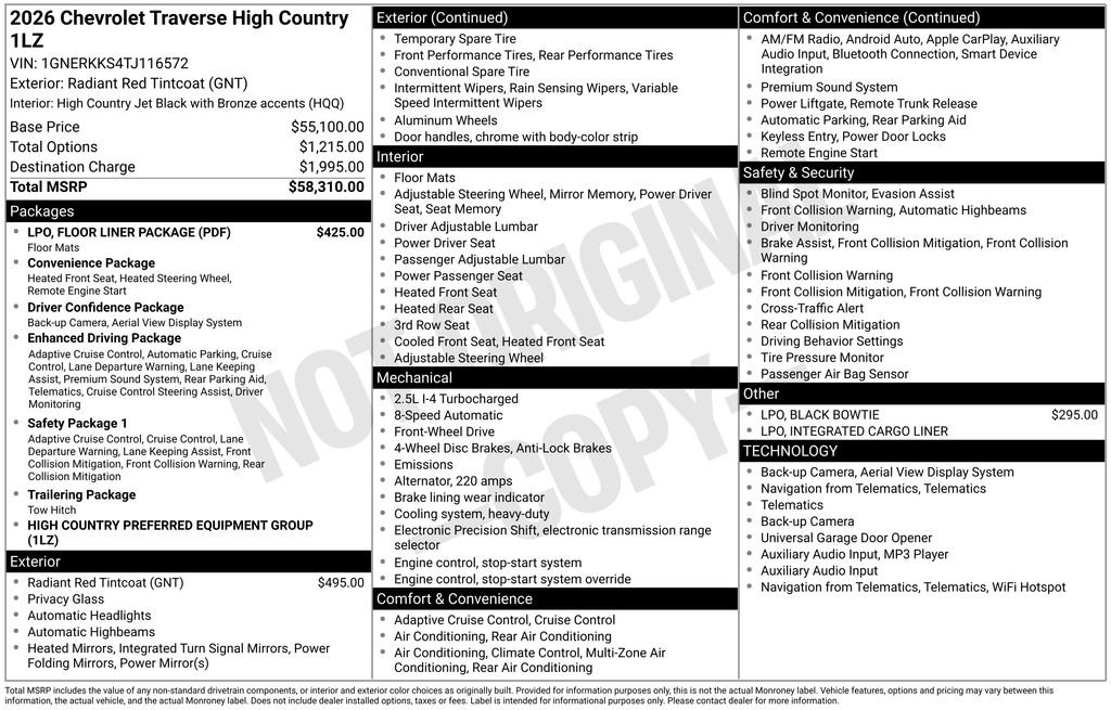 New 2026 Chevrolet Traverse High Country w/ LPO, Floor Liner Package FWD image 5