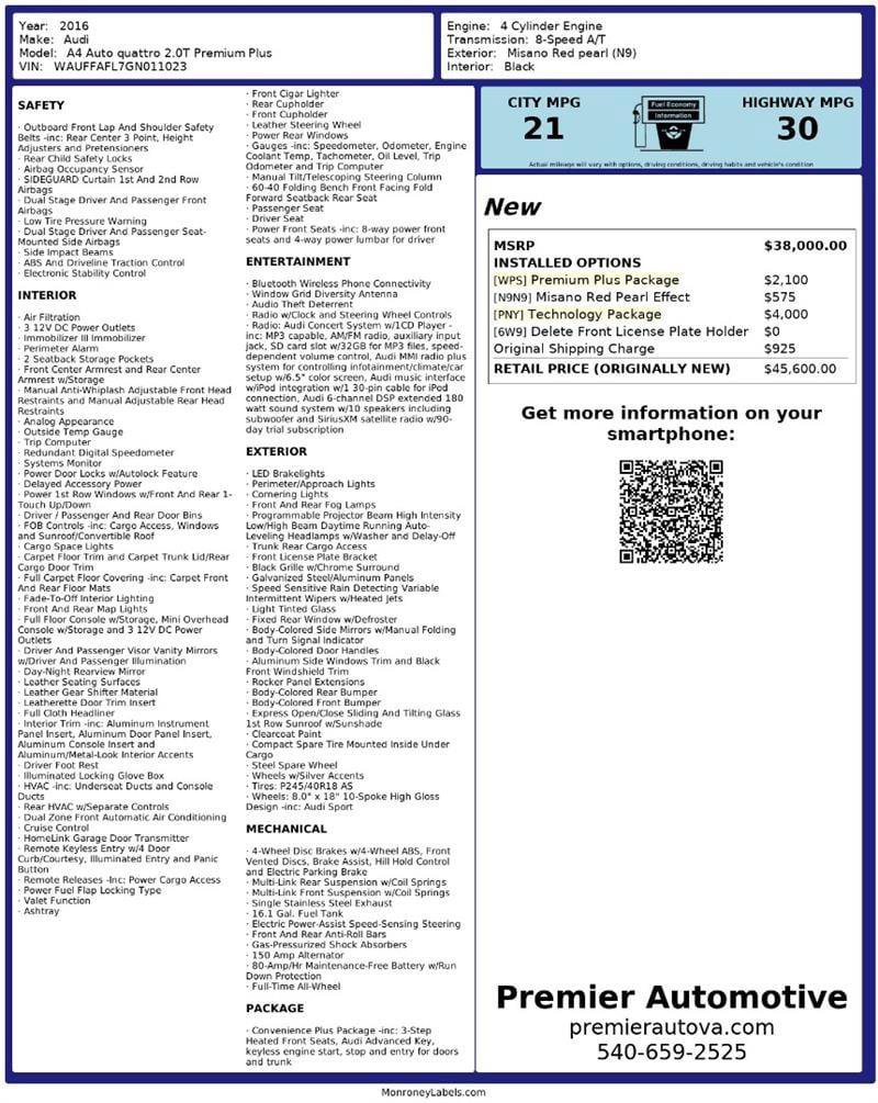 Used 2016 Audi A4 2.0T Premium Plus w/ Technology Package image 2