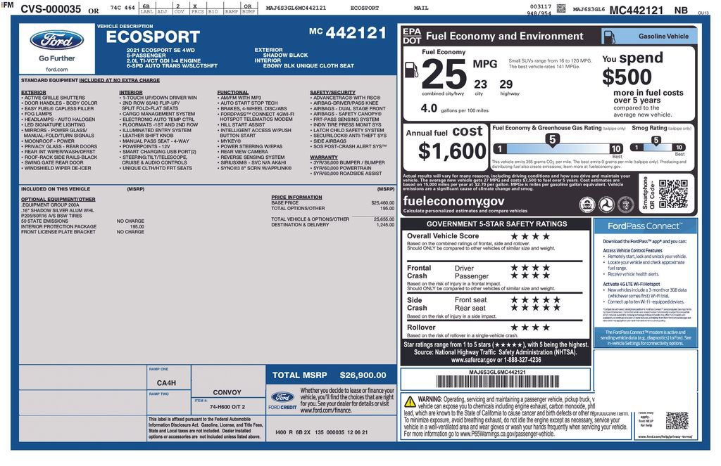 Used 2021 Ford EcoSport SE w/ Interior Protection Package AWD/4WD image 34