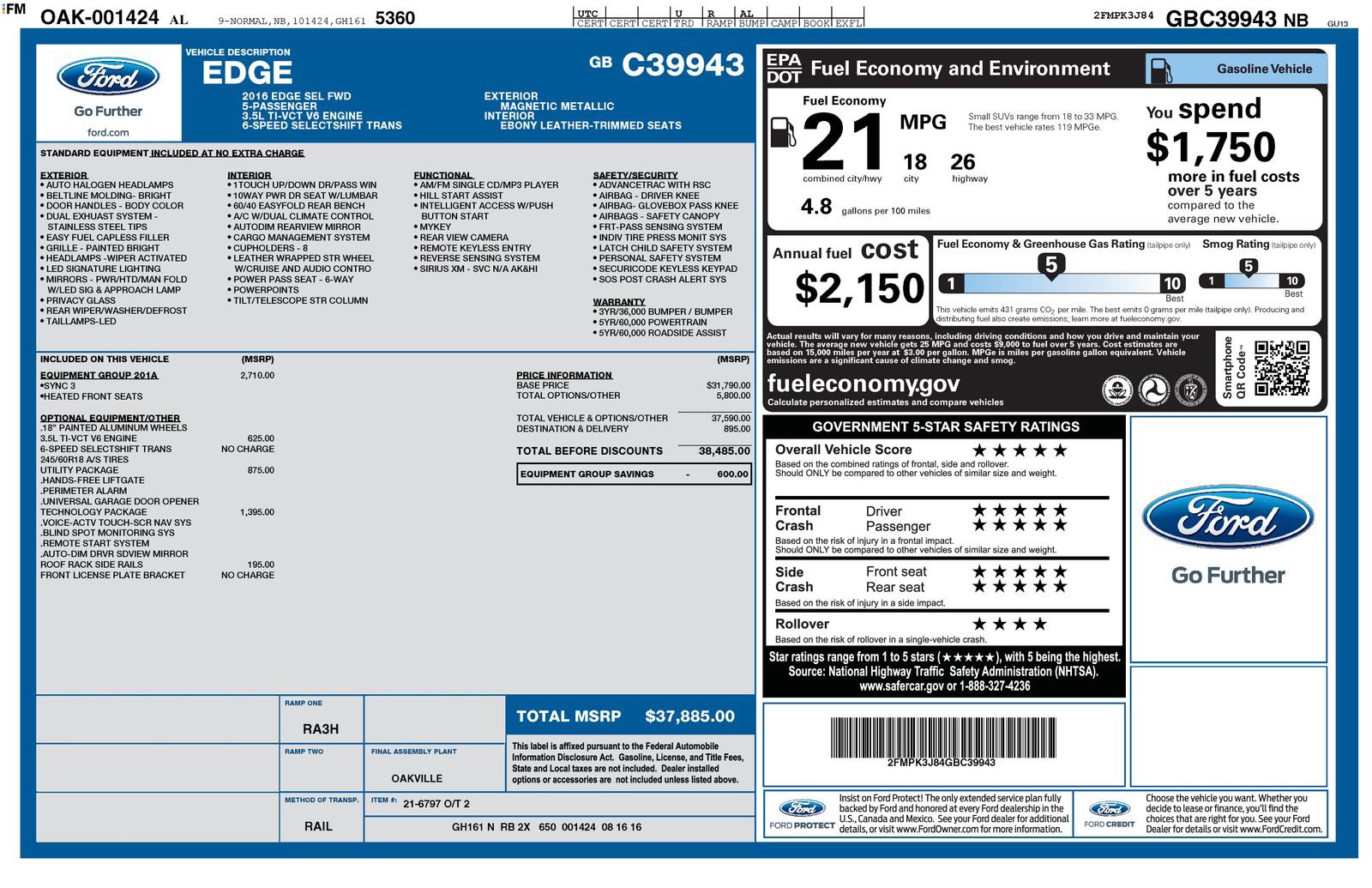 Used 2016 Ford Edge SEL w/ Equipment Group 201A FWD image 39