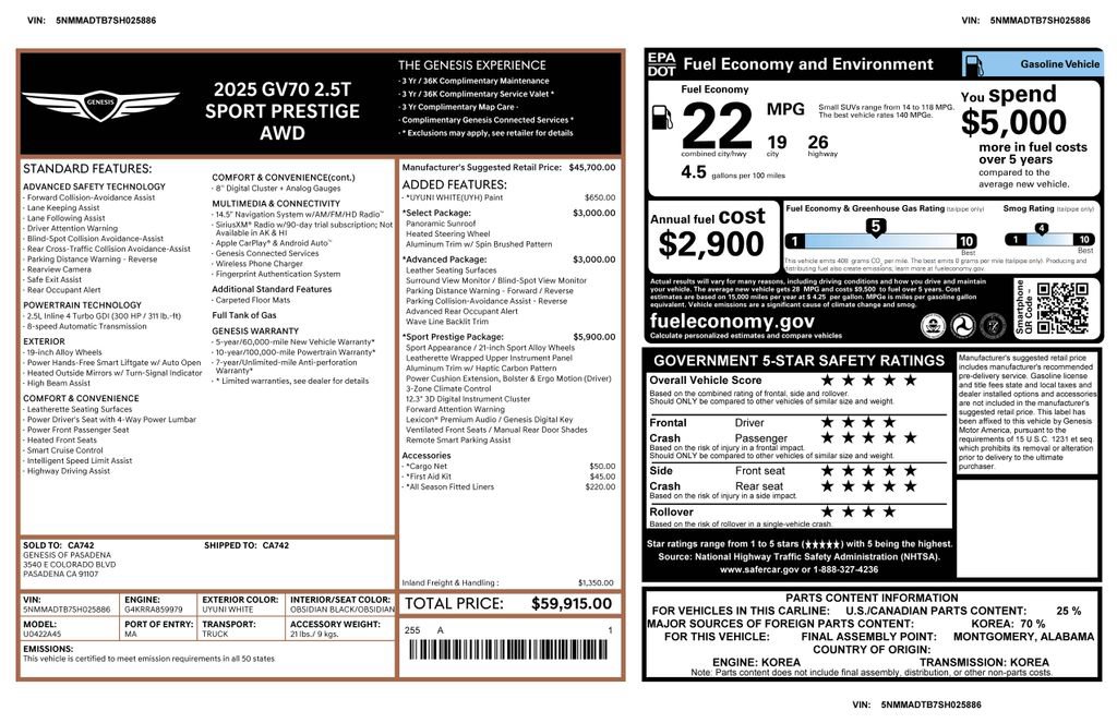 Used 2025 Genesis GV70 2.5T Sport Prestige w/ Sport Prestige Package AWD/4WD image 2
