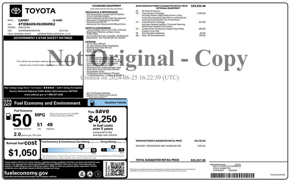 Used 2025 Toyota Camry LE w/ Convenience Package AWD/4WD image 3