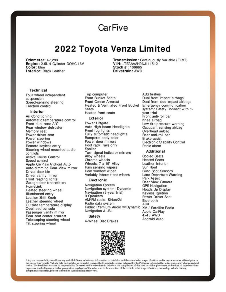 Used 2022 Toyota Venza Limited image 37