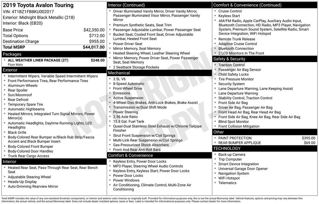 Used 2019 Toyota Avalon Touring w/ All Weather Liner Package FWD image 33