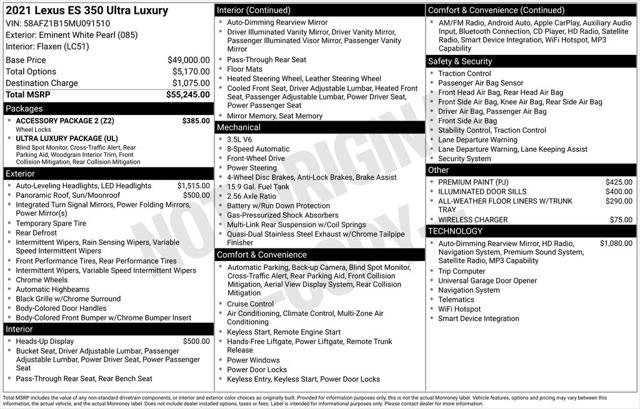 Used 2021 Lexus ES 350 Ultra Luxury w/ Accessory Package 2 FWD image 2