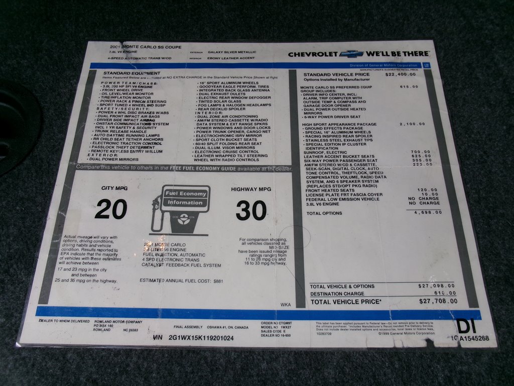 Used 2001 Chevrolet Monte Carlo SS w/ High Sport Appearance Pkg FWD image 23
