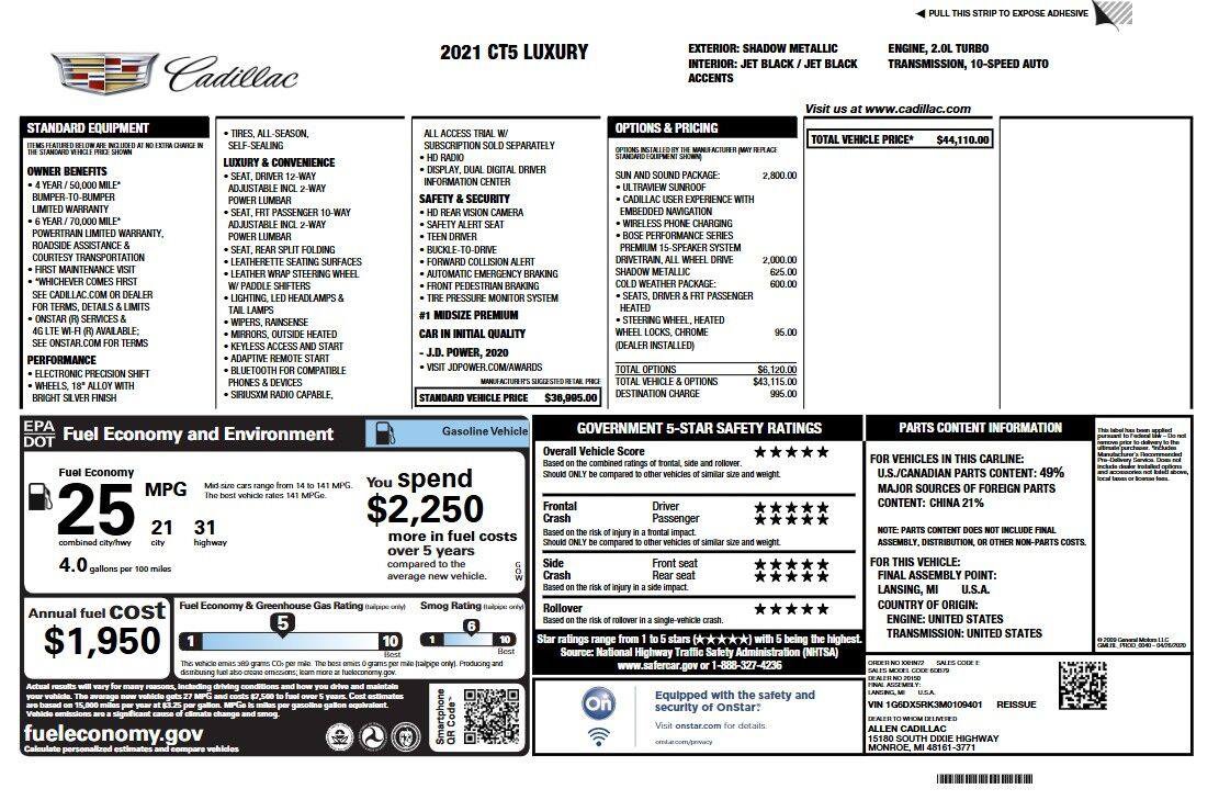 Used 2021 Cadillac CT5 Luxury w/ Sun And Sound Package AWD/4WD image 6