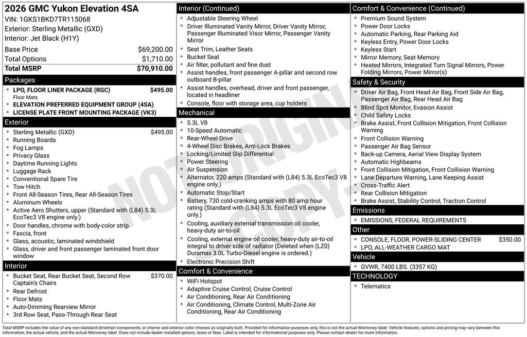 New 2026 GMC Yukon Elevation w/ LPO, Floor Liner Package image 5
