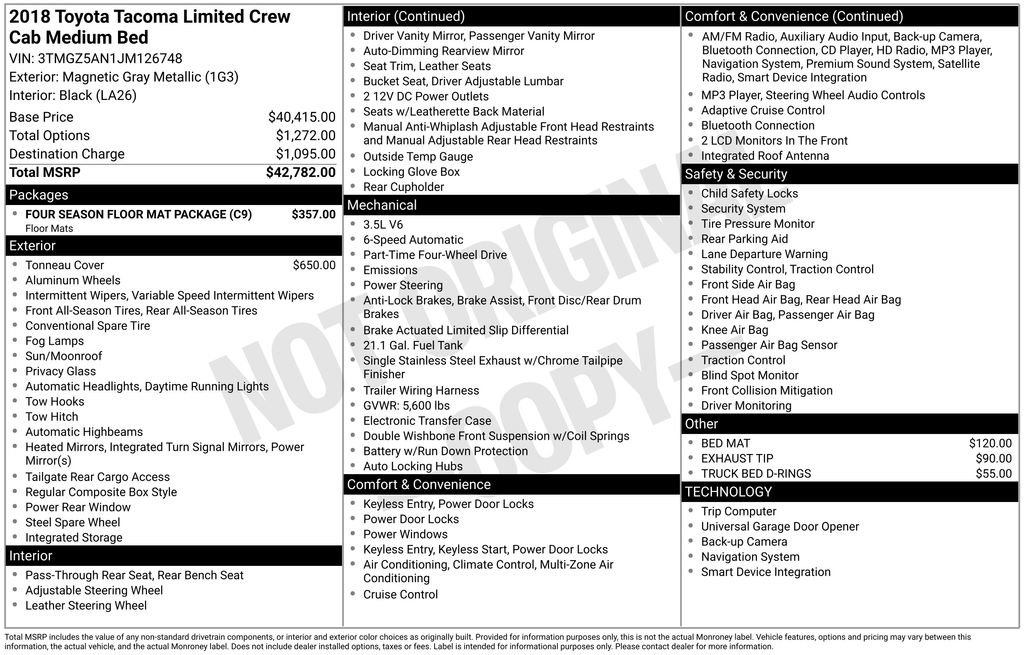 Used 2018 Toyota Tacoma Limited w/ Four Season Floor Mat Package image 7