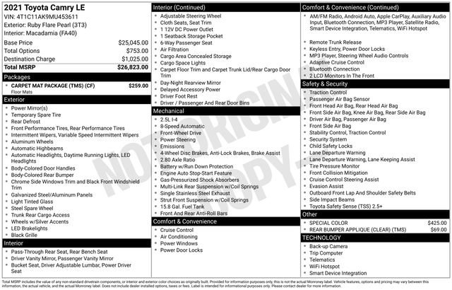 Certified 2021 Toyota Camry LE w/ Carpet Mat Package (TMS) image 9