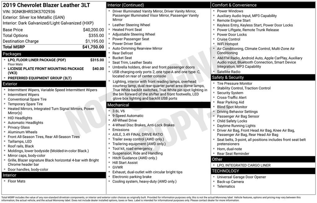 Certified 2019 Chevrolet Blazer LT w/ LPO, Floor Liner Package AWD/4WD image 2