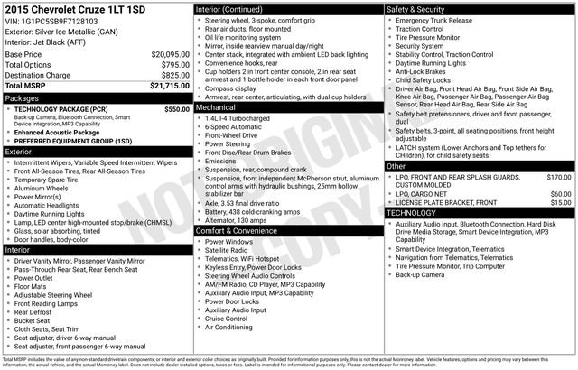 Used 2015 Chevrolet Cruze LT w/ Technology Package FWD image 7