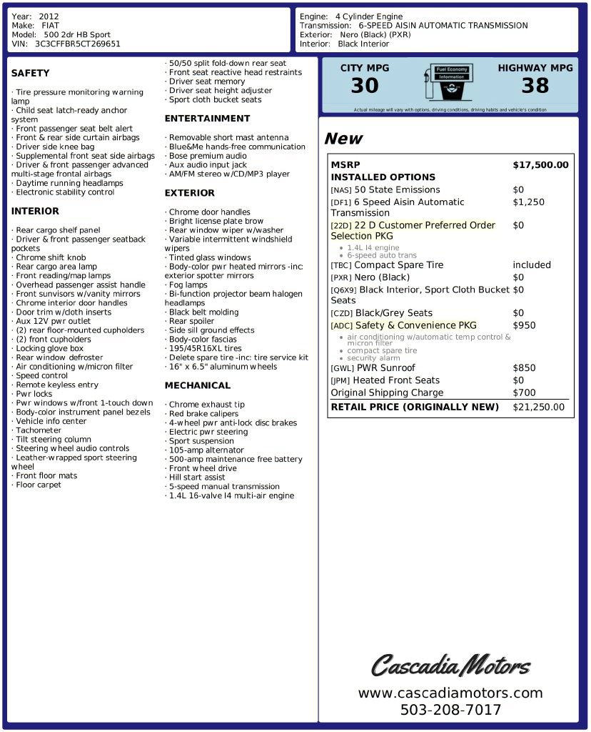 Used 2012 FIAT 500 Sport w/ Safety & Convenience Pkg FWD image 2