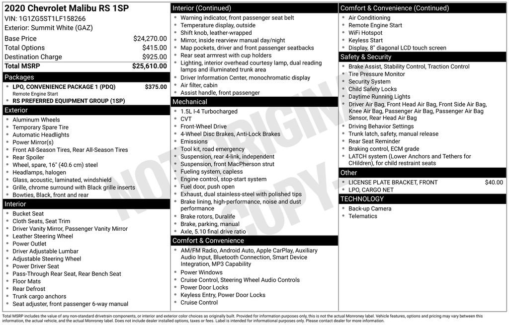 Used 2020 Chevrolet Malibu RS w/ LPO, Convenience Package 1 FWD image 28