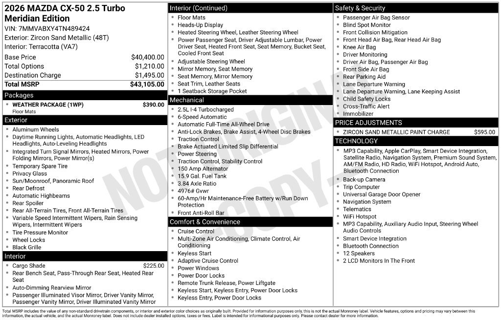 New 2026 MAZDA CX-50 Meridian Edition w/ Weather Package AWD/4WD image 7